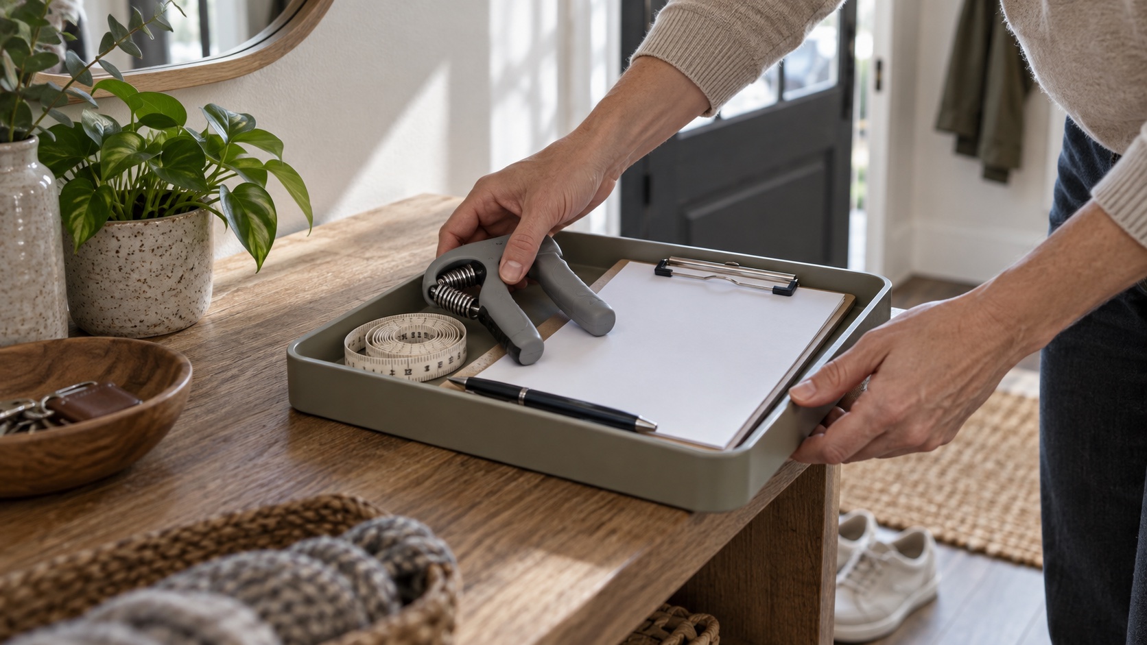 Simple measurement tools and a blank clipboard are gathered in a tray.