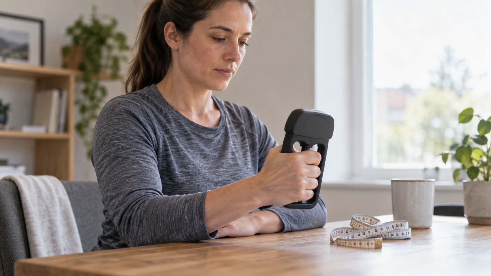 An adult squeezes a hand-grip dynamometer with a tape measure nearby.