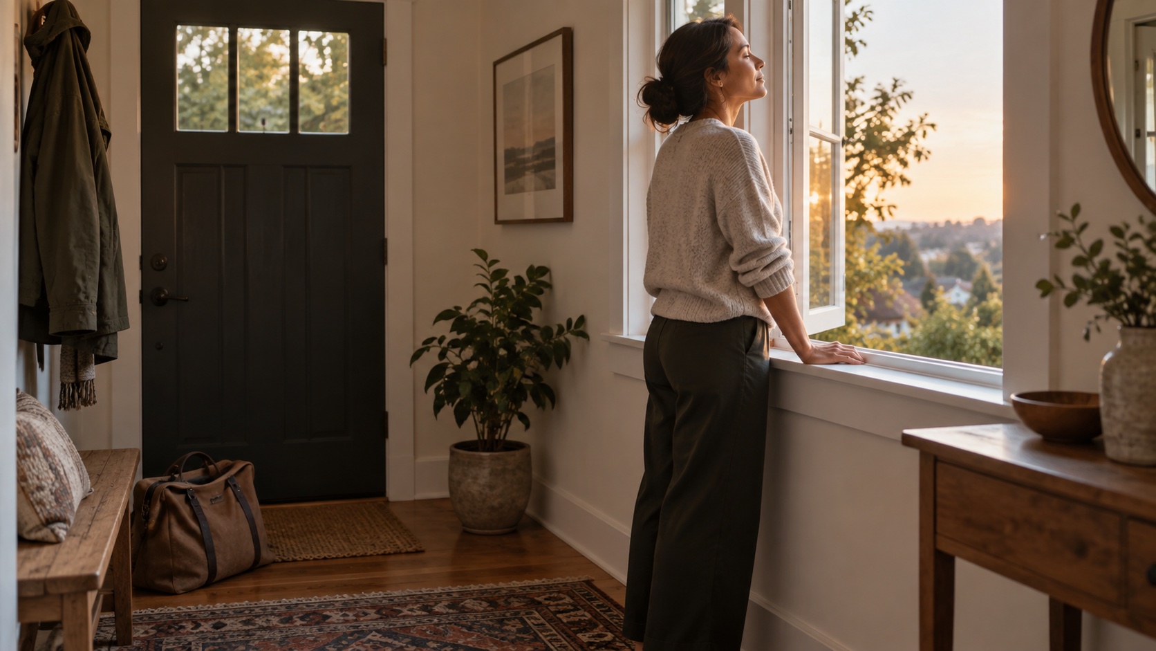 An adult pauses at a window after setting down a work bag.