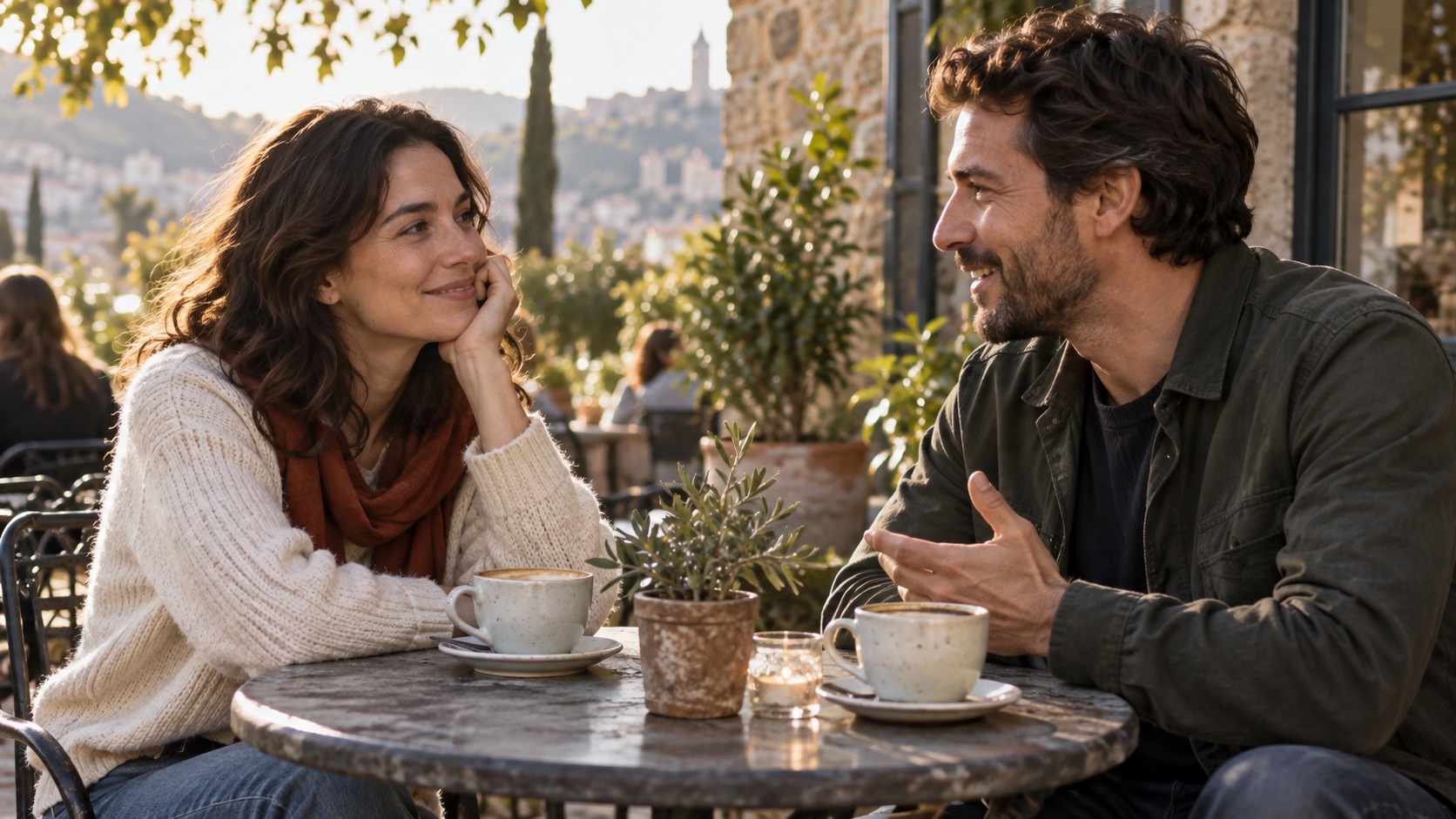 Two adult friends share a relaxed conversation outdoors.