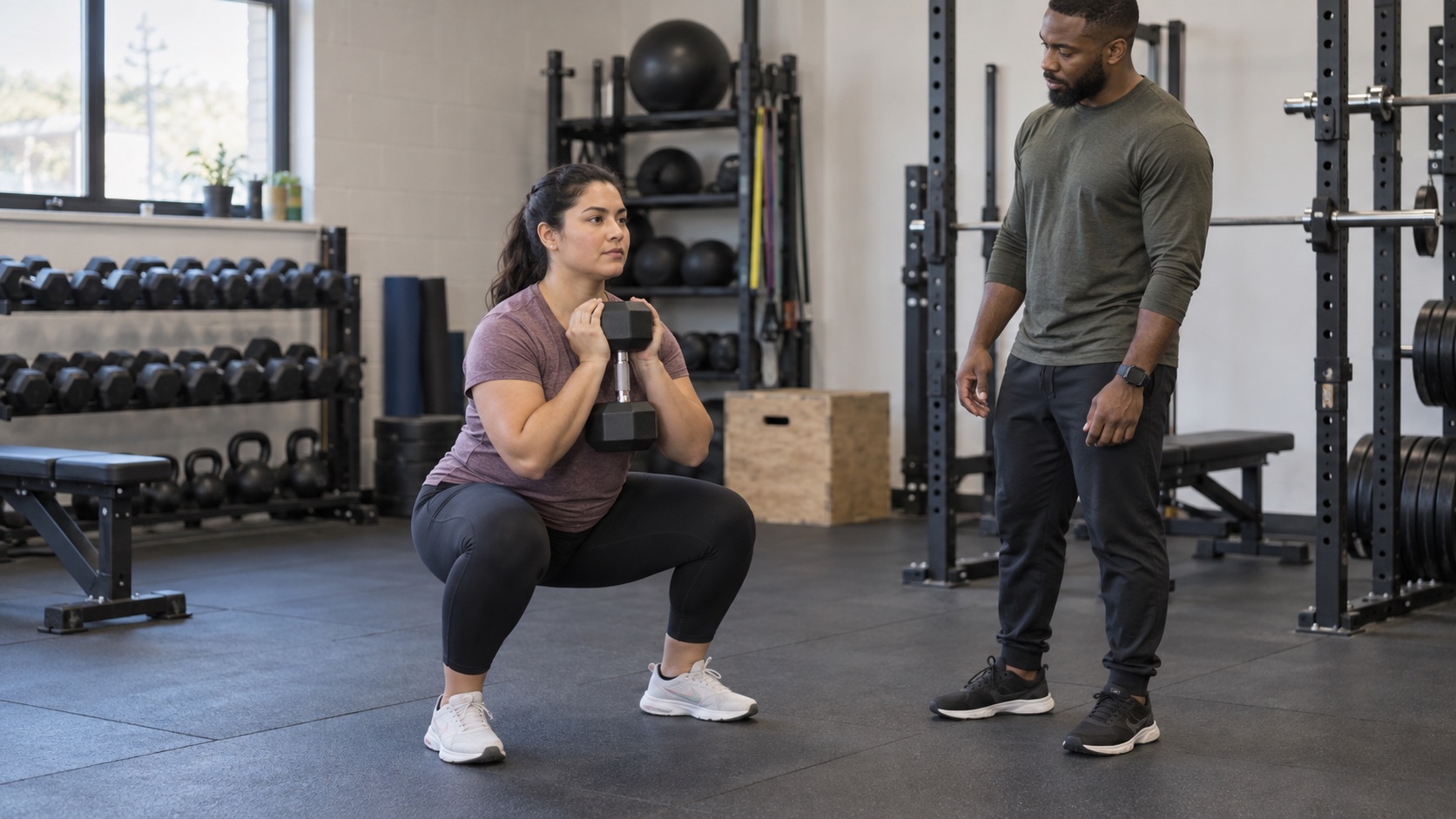 An adult practices a controlled dumbbell squat with a coach nearby.