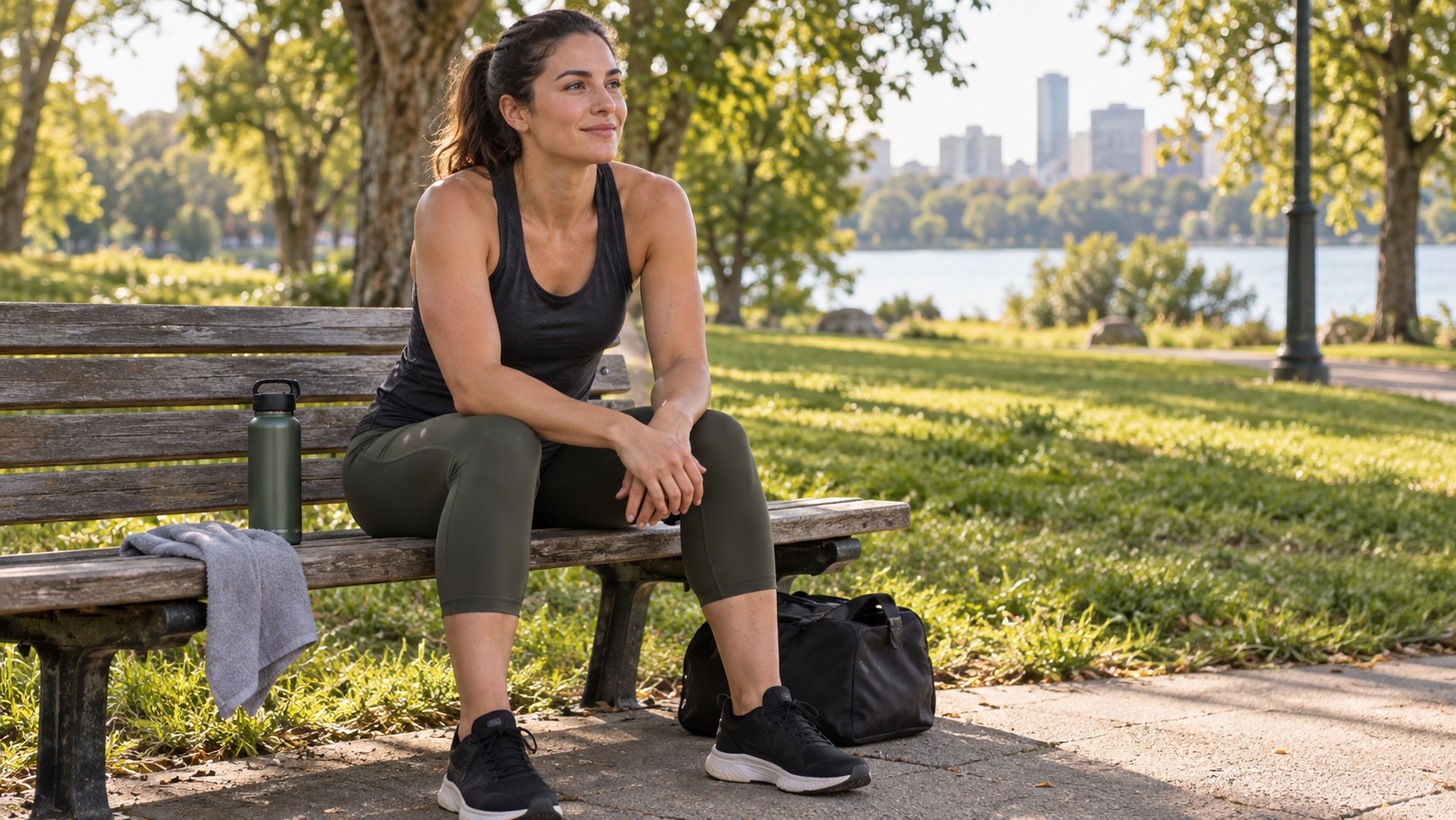 An adult rests comfortably after exercise on a park bench.