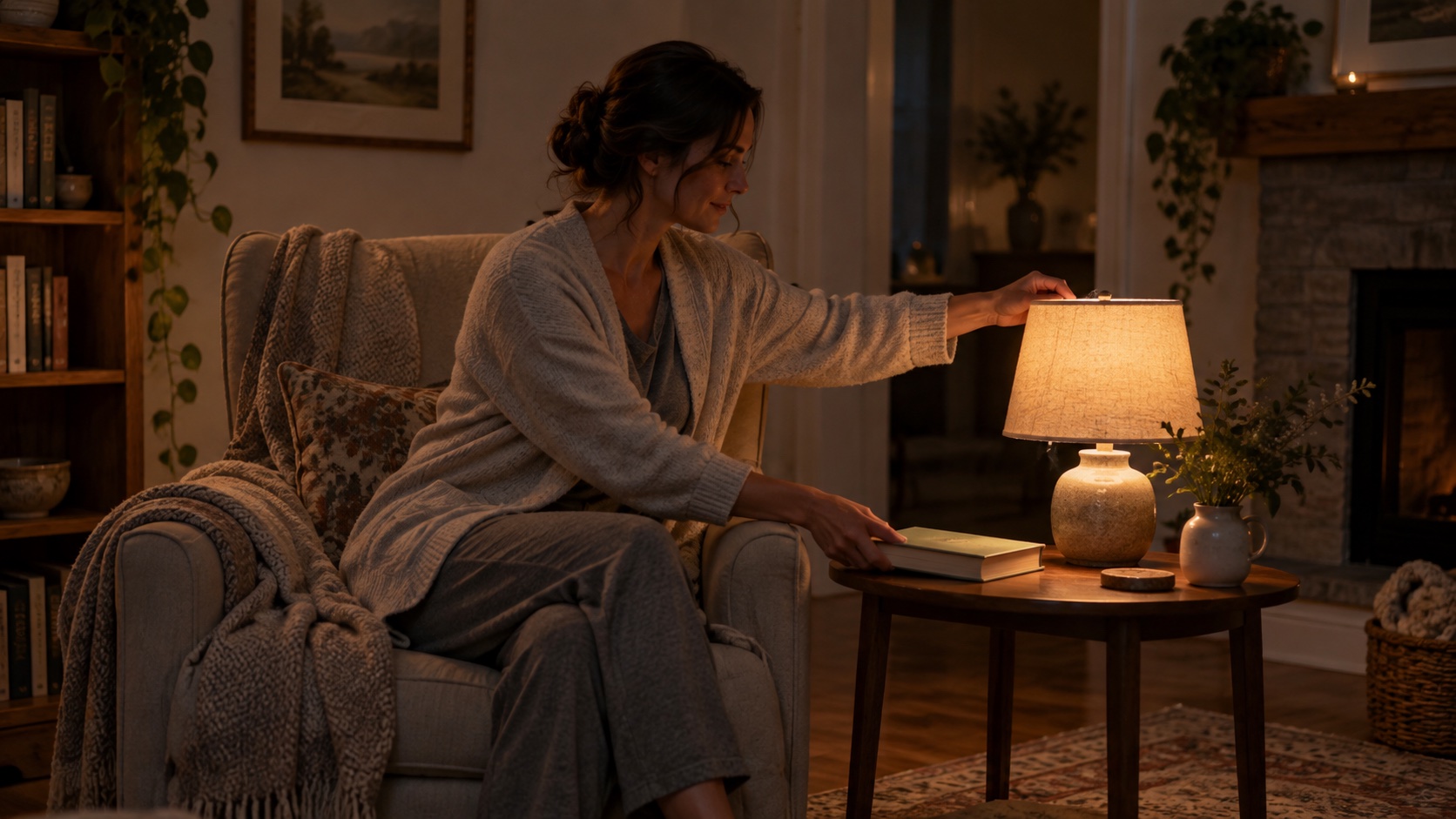 An adult winds down in a softly lit reading corner.