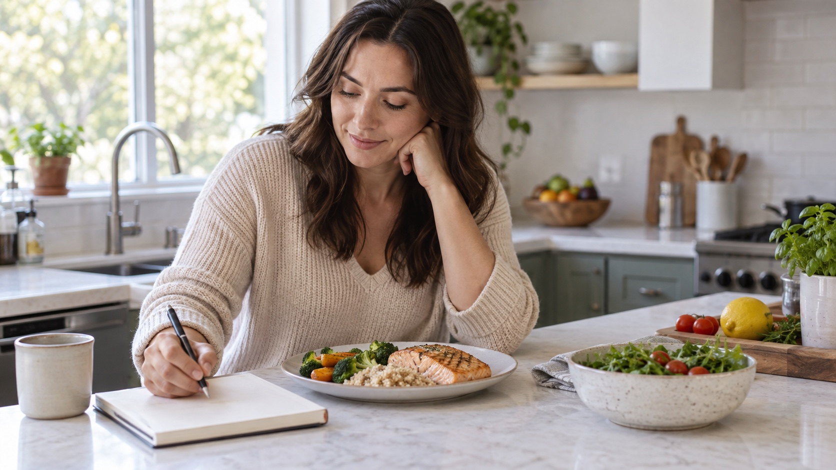 An adult writes in a notebook beside an ordinary meal.