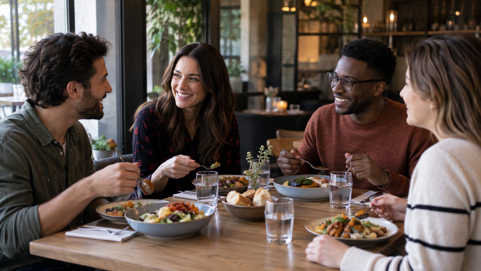 Friends share a relaxed restaurant meal with water glasses.
