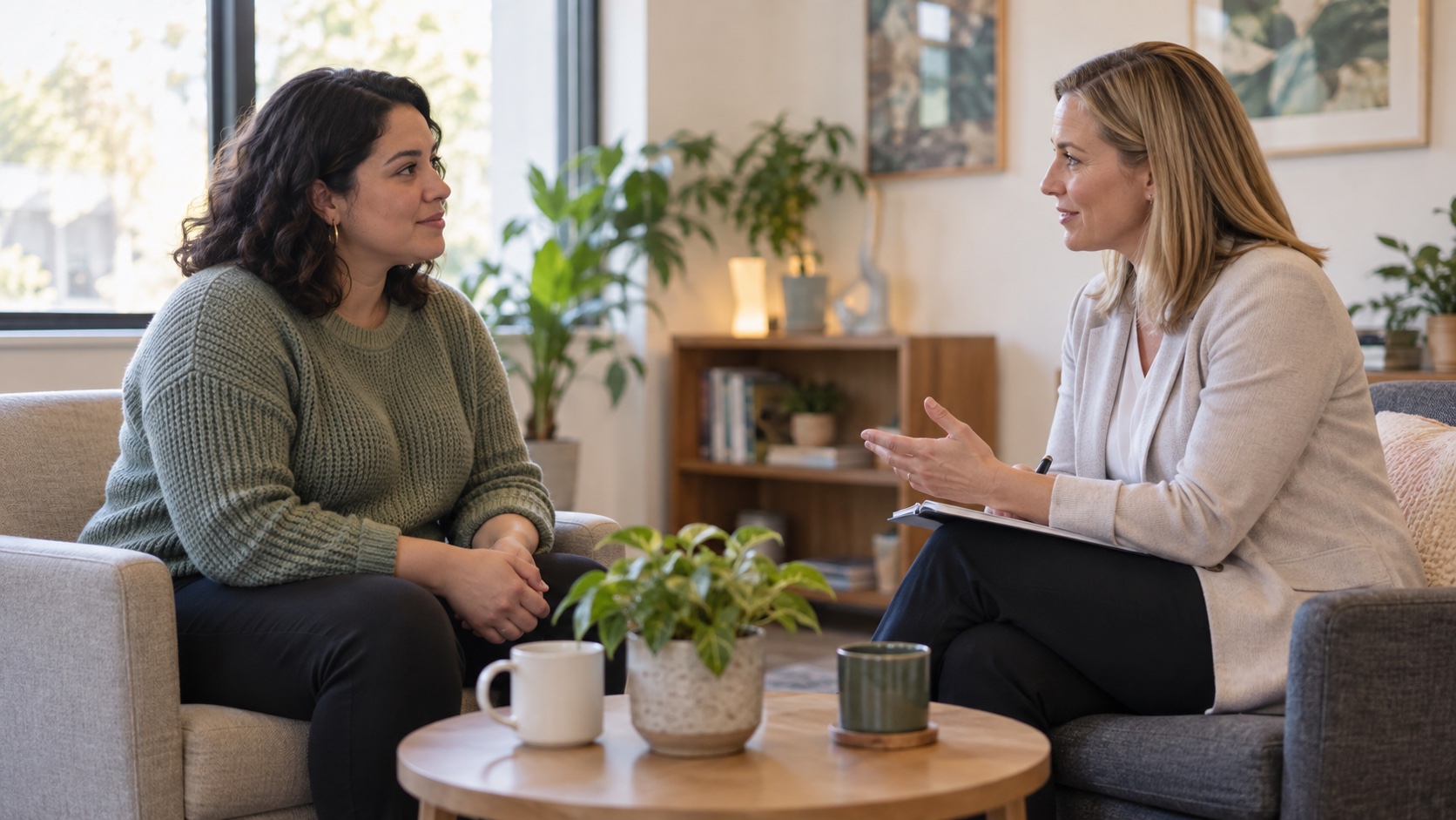 An adult talks with a counselor in a calm private setting.