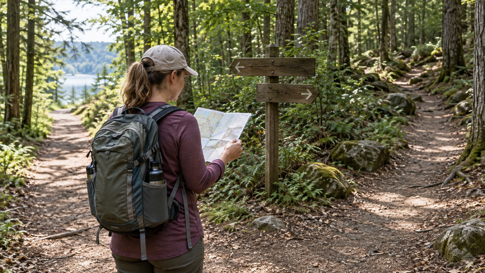 An adult calmly checks a folded map at a trail junction.