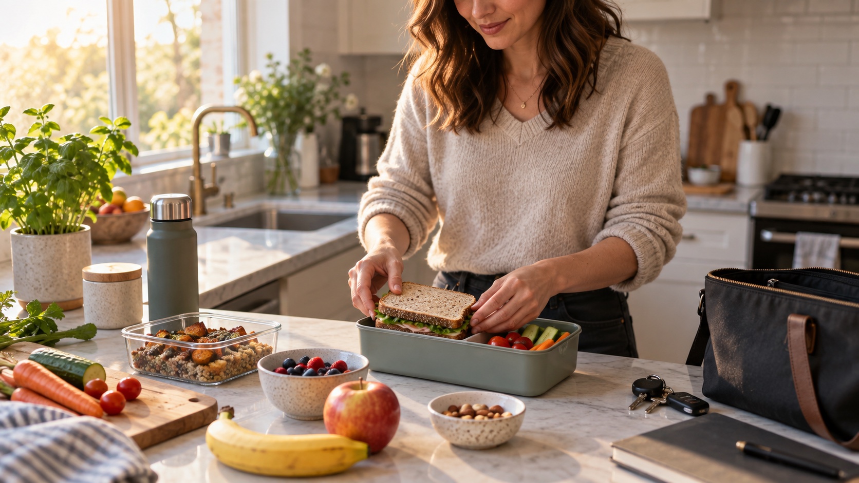 An adult packs an everyday lunch before leaving home.