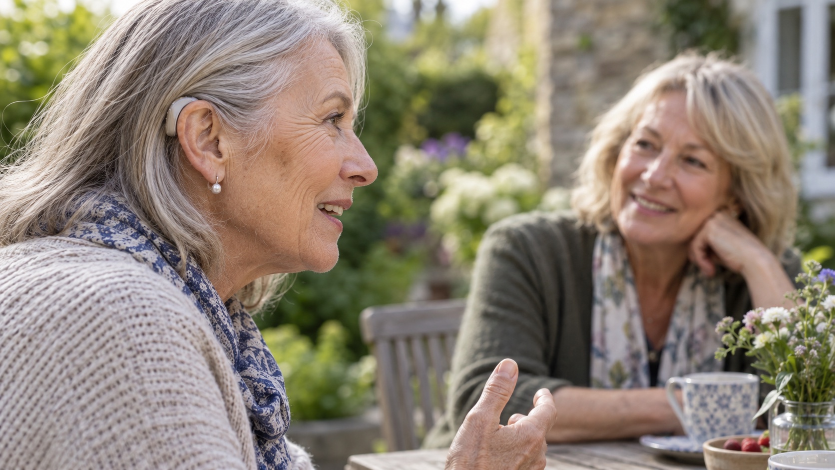 An older adult with a discreet hearing aid shares a garden conversation.