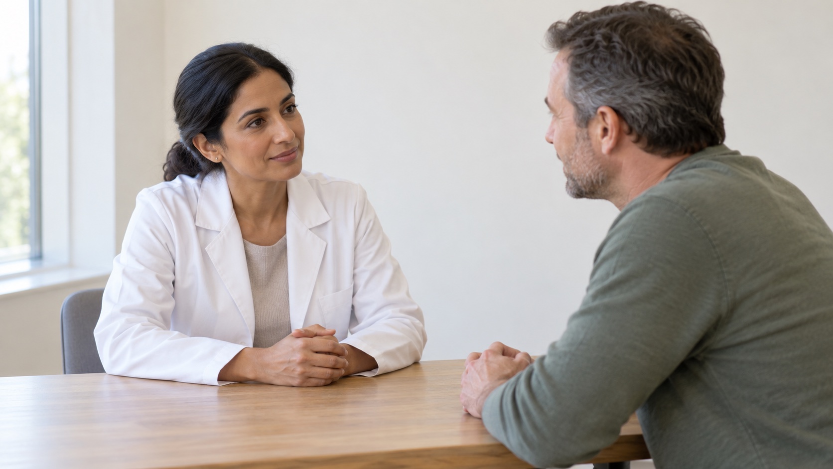 A pharmacist listens as an adult raises medication questions.