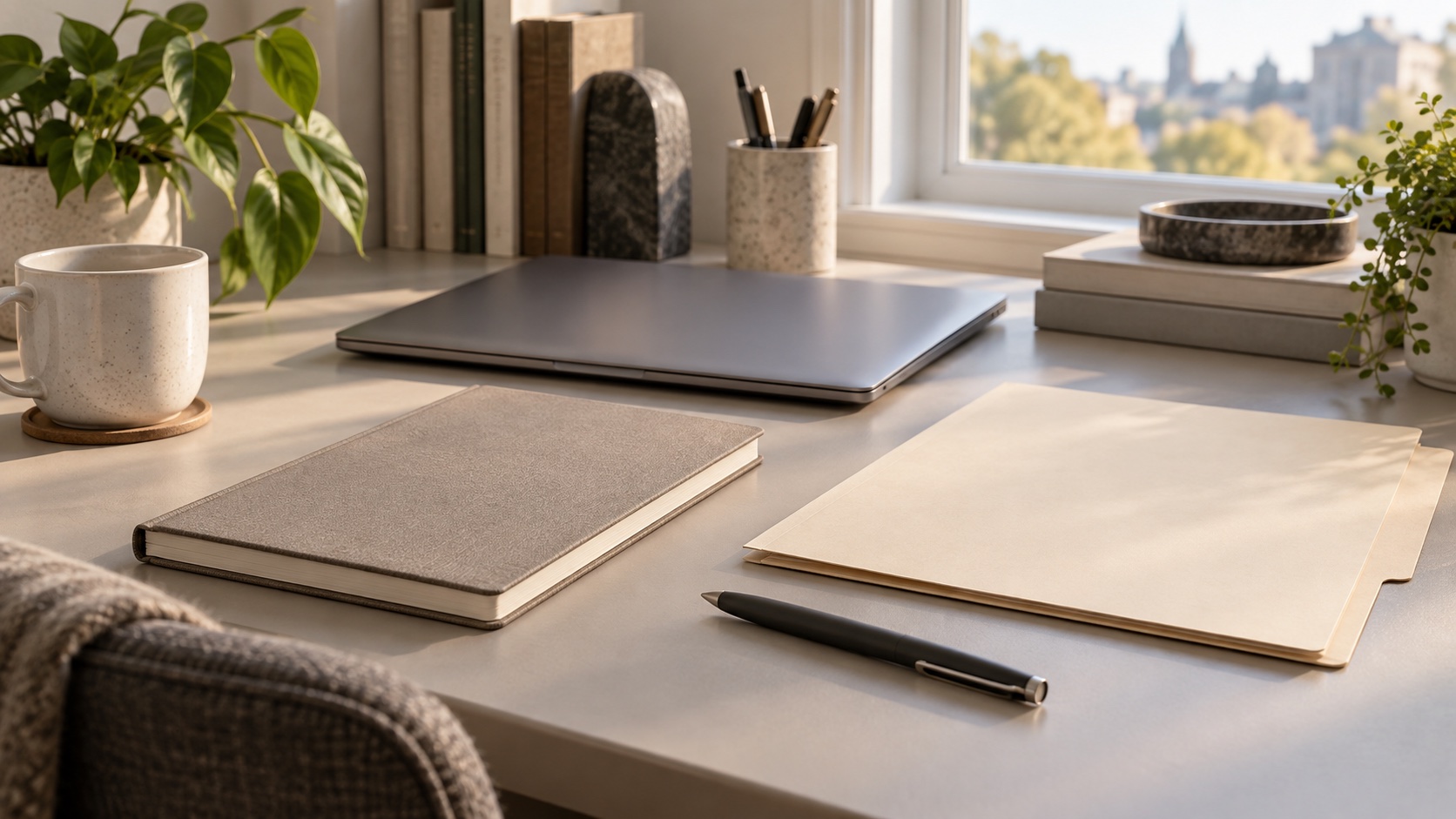 A closed notebook and blank folder sit beside a laptop on a desk.