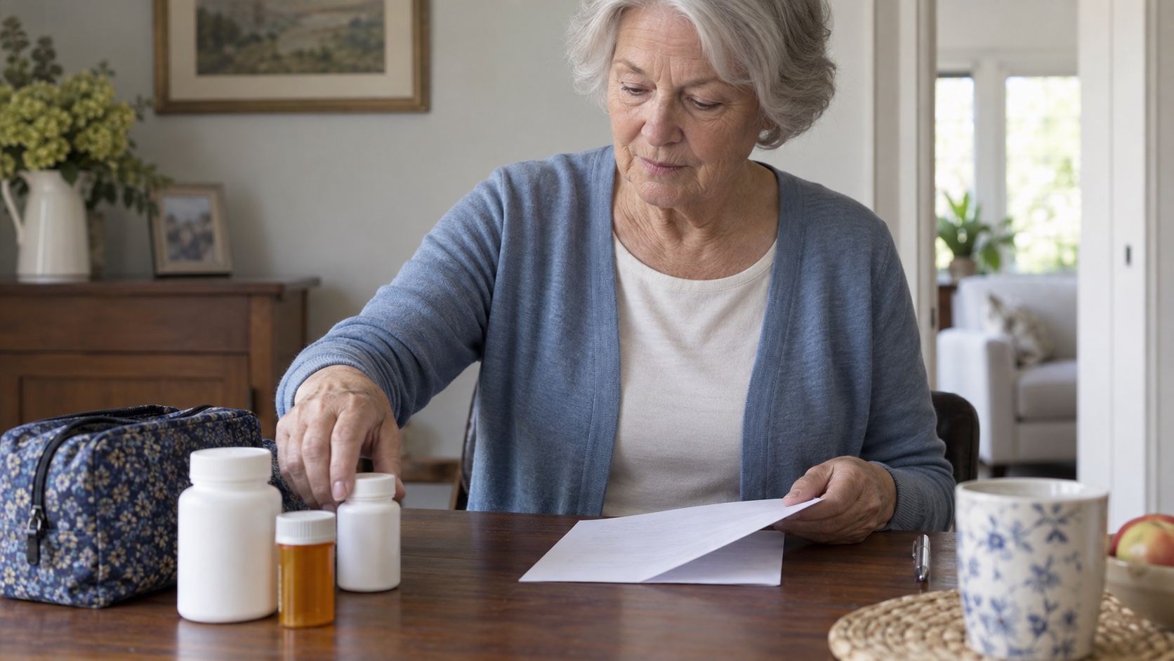 An older adult organizes a medication list and unlabelled containers at home.