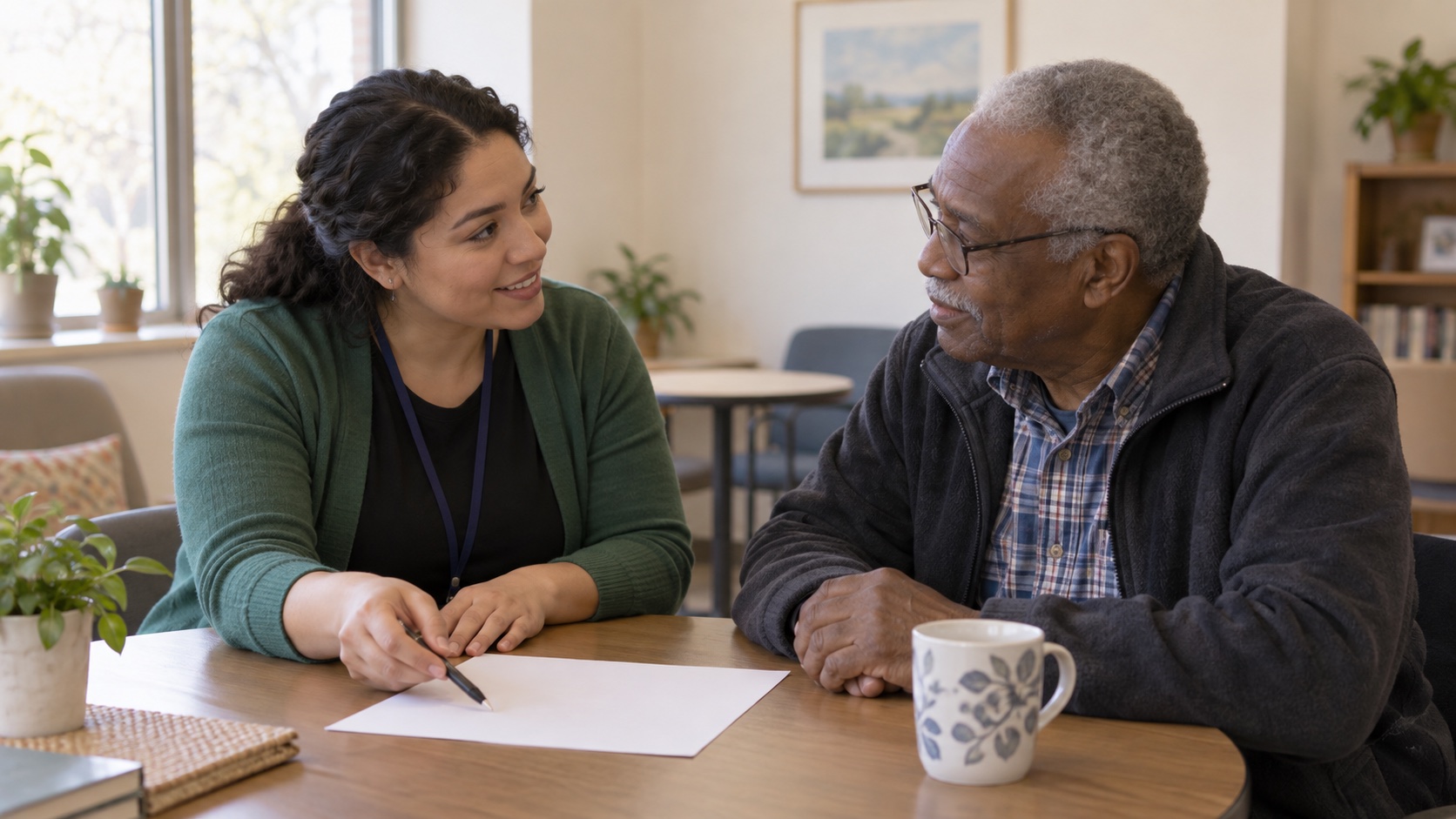An older adult and educator discuss an unreadable worksheet.