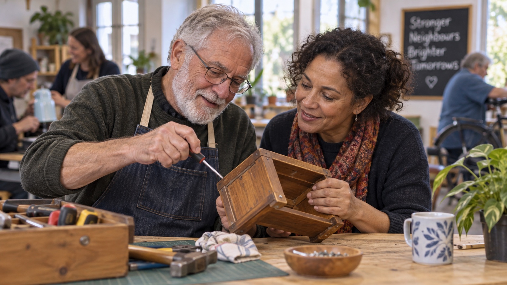 An older adult and neighbor repair a small wooden object together.
