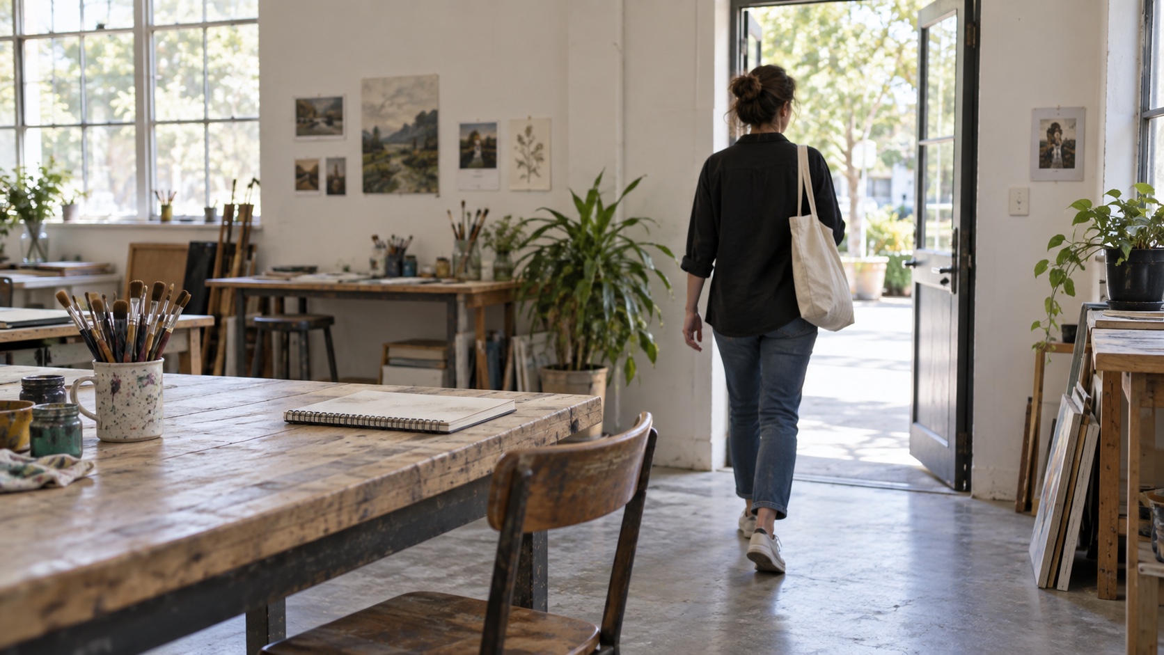 An adult walks out of a community art studio carrying a tote.