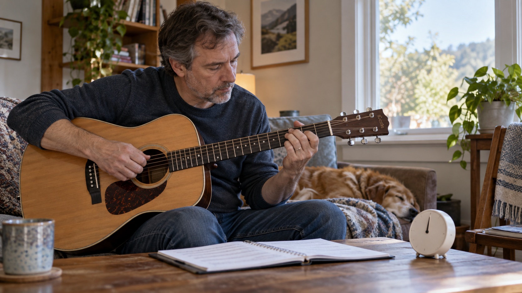 An adult practices guitar at home with a small timer nearby.