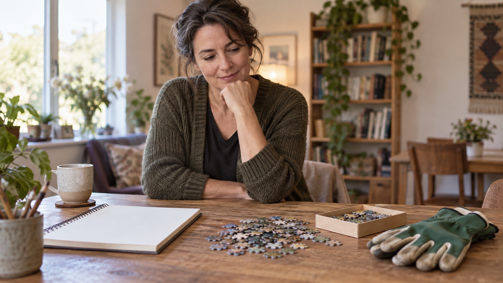 An adult considers a sketchbook, puzzle, and gardening gloves at a table.