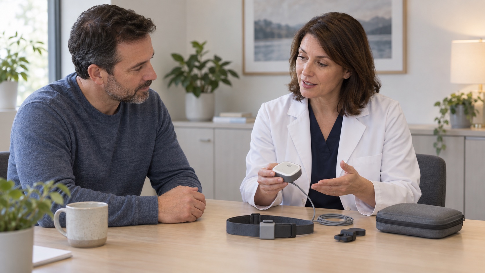 An adult and sleep clinician discuss a small sleep-study kit at a table.