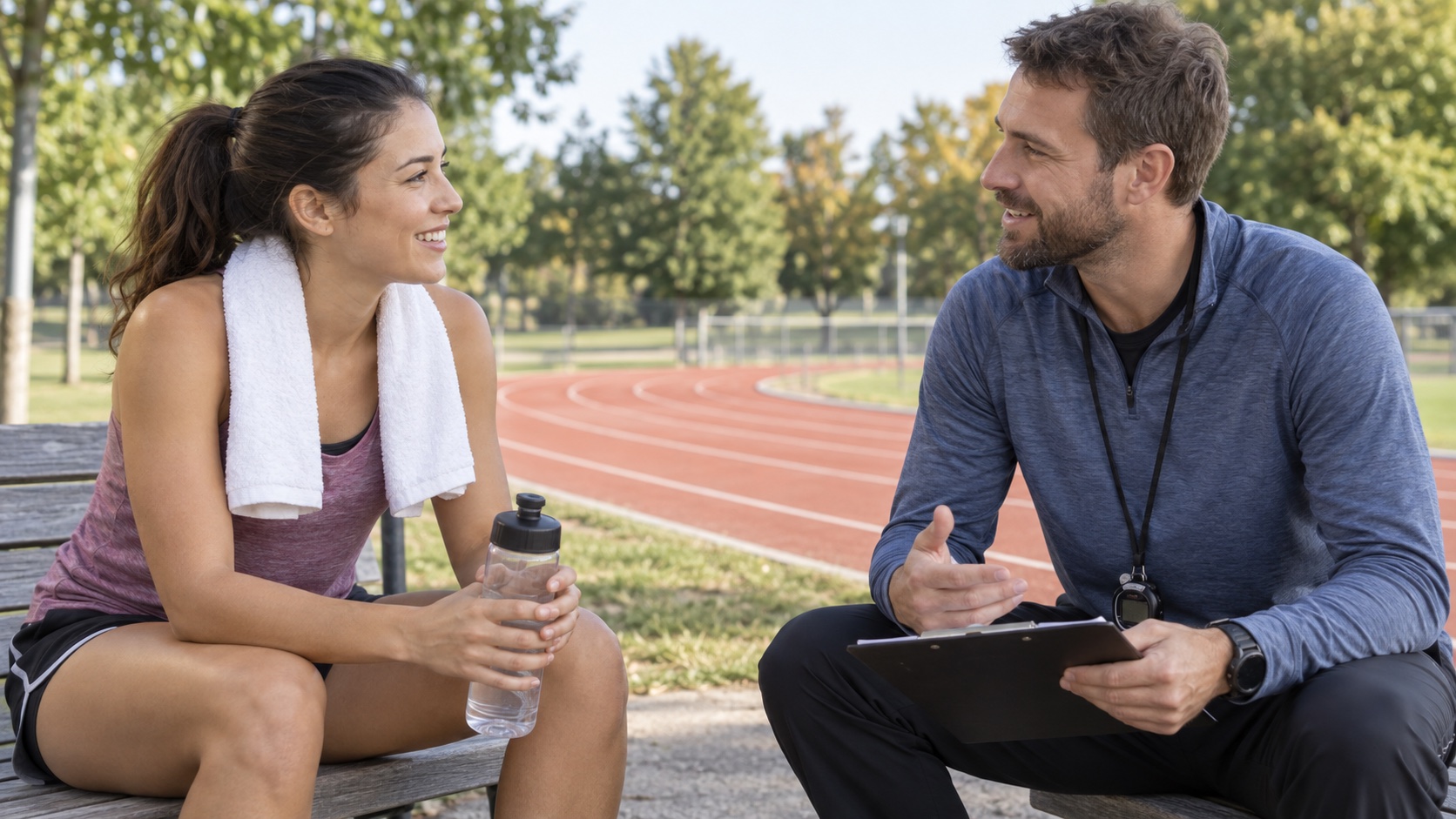 A runner and exercise researcher talk beside an outdoor track.