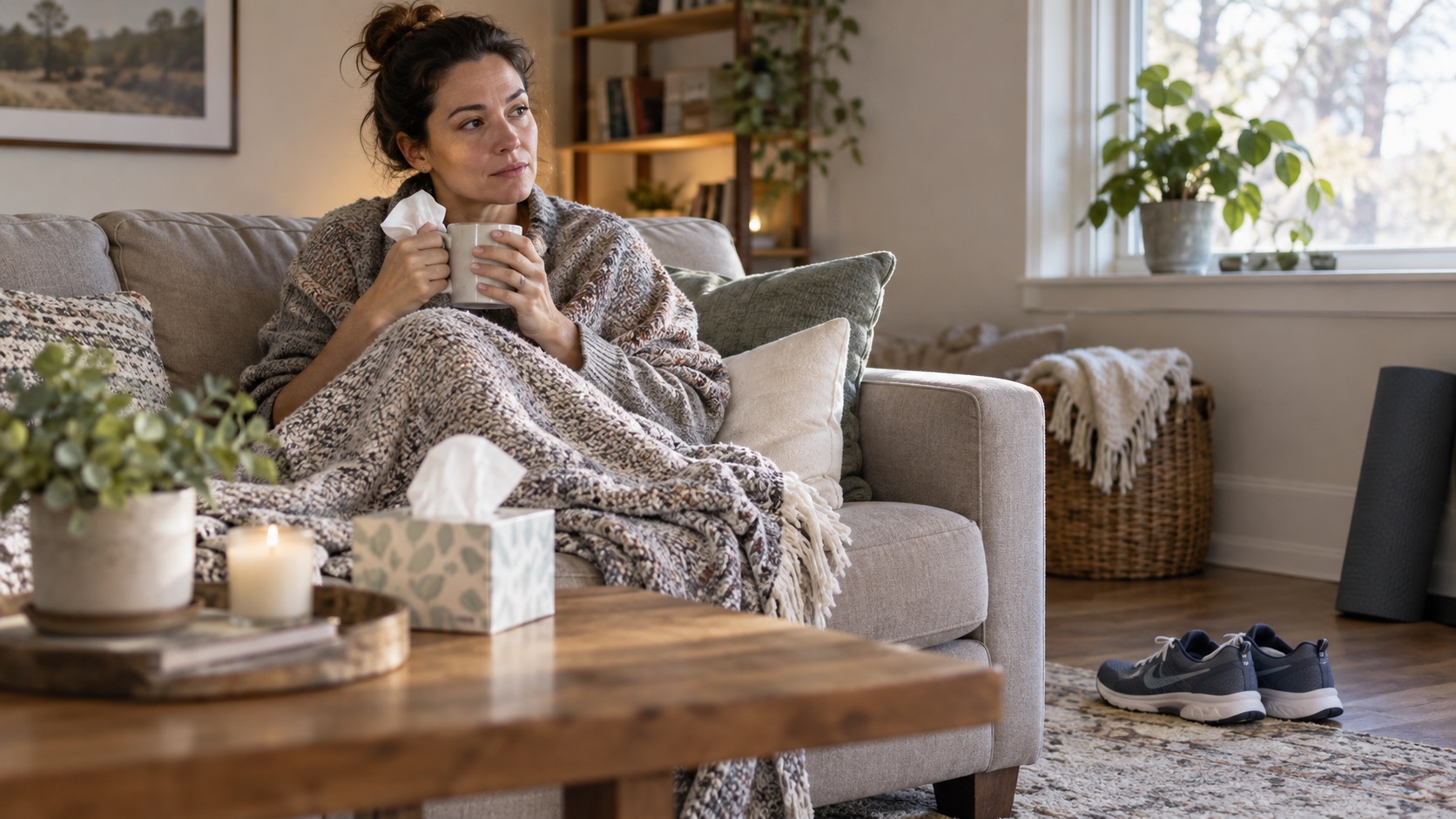 An adult rests at home with tissues and workout shoes nearby.
