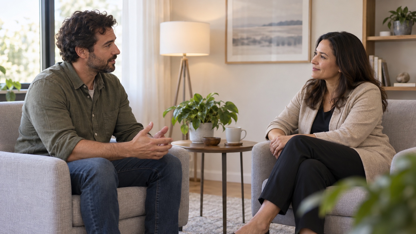 An adult speaks with a counselor in a calm consultation room.