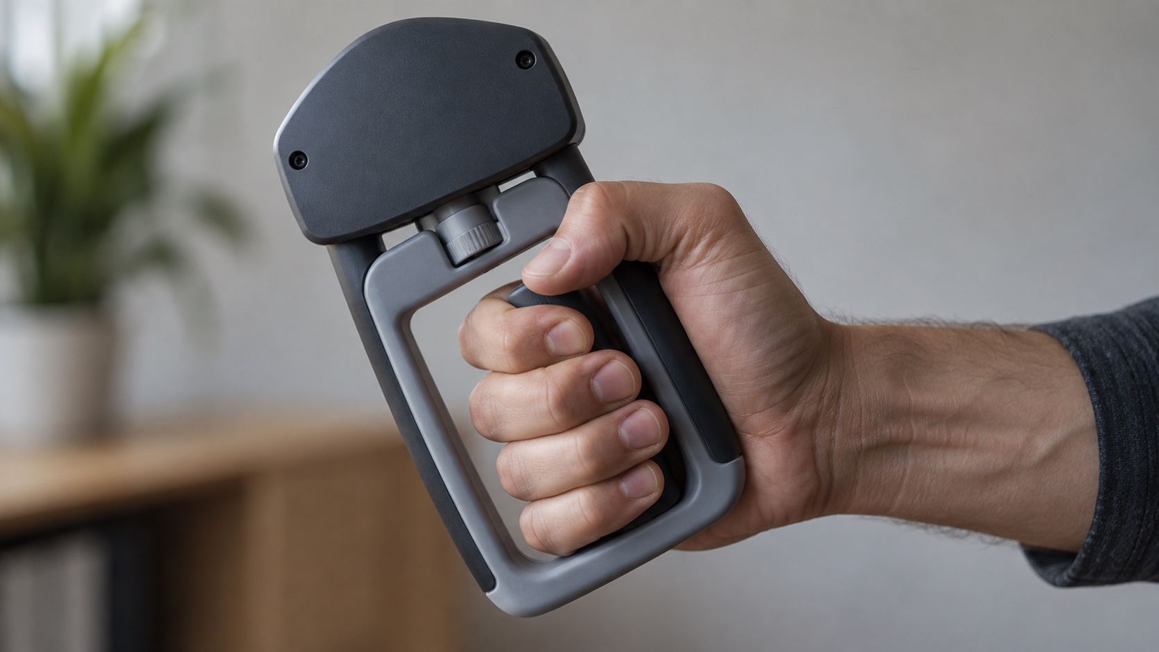 An adult hand squeezes a neutral hand-grip dynamometer.