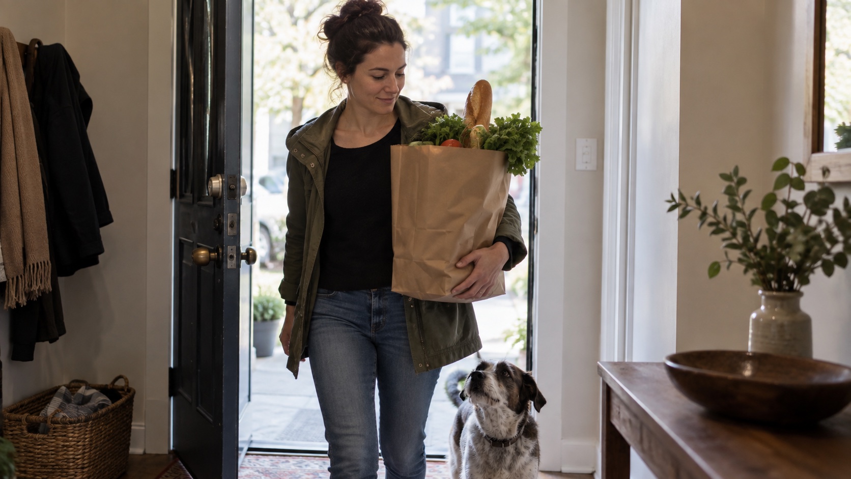 An adult carries an everyday grocery bag into a home.