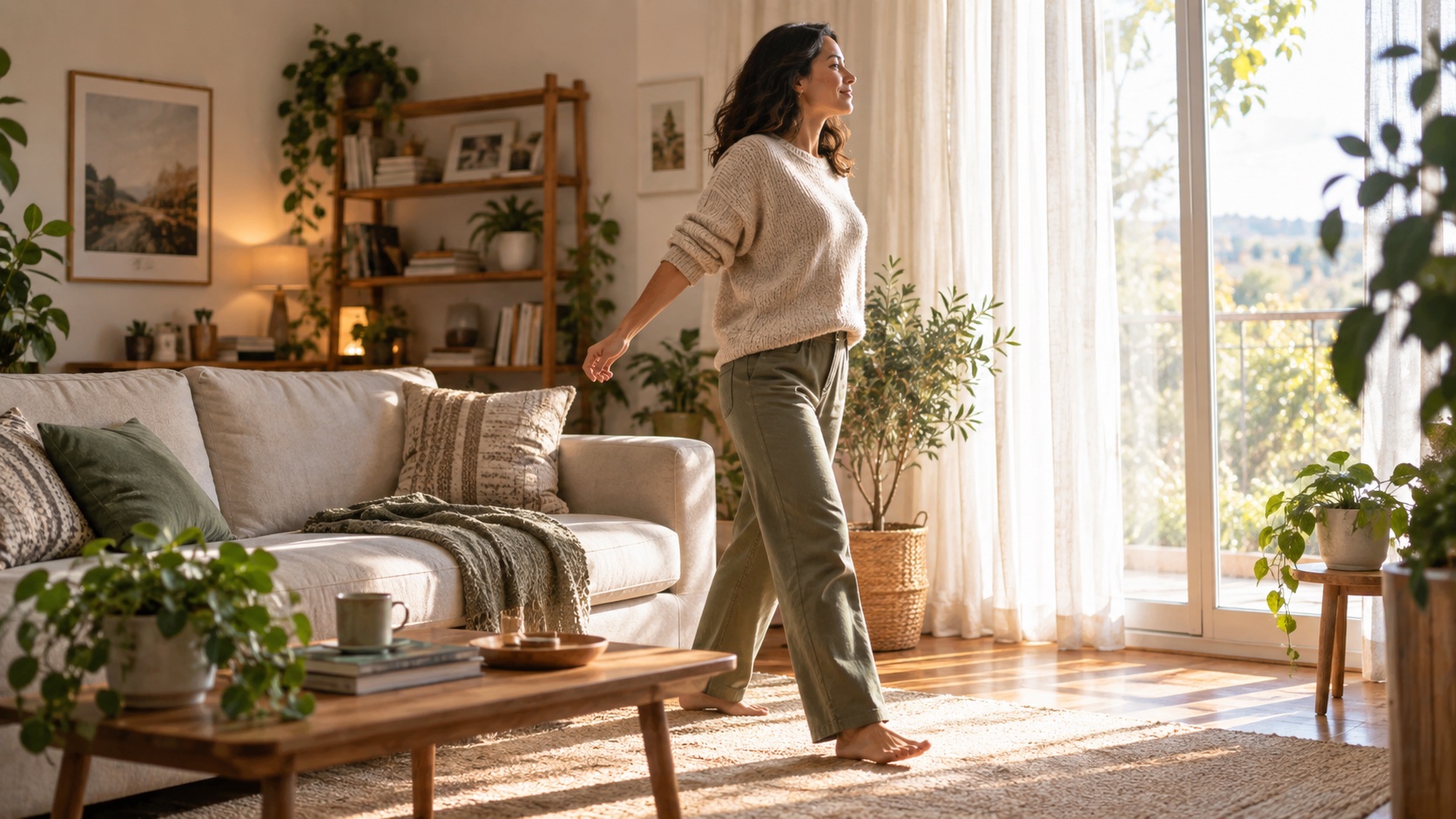 An adult gets up from a sofa during a living-room break.