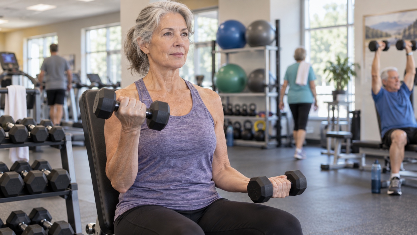 An older adult performs a controlled dumbbell exercise in a gym.