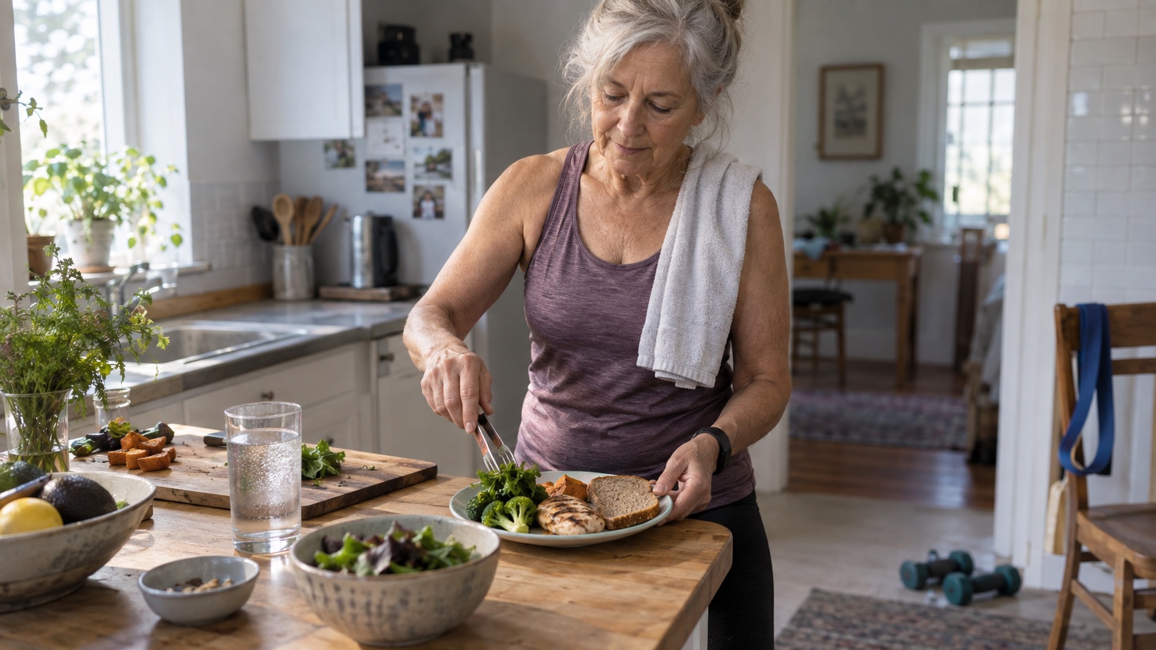 An older adult prepares an ordinary meal at home after exercise.