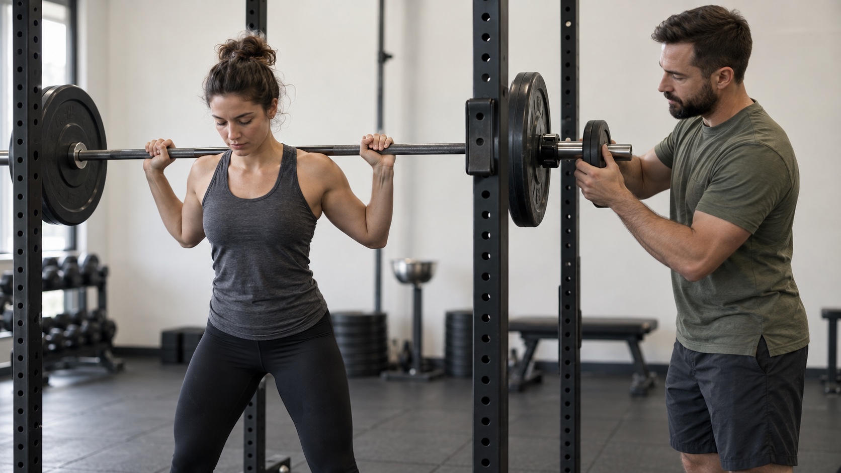 A coach adds a small plate to a barbell before an adult's training set.