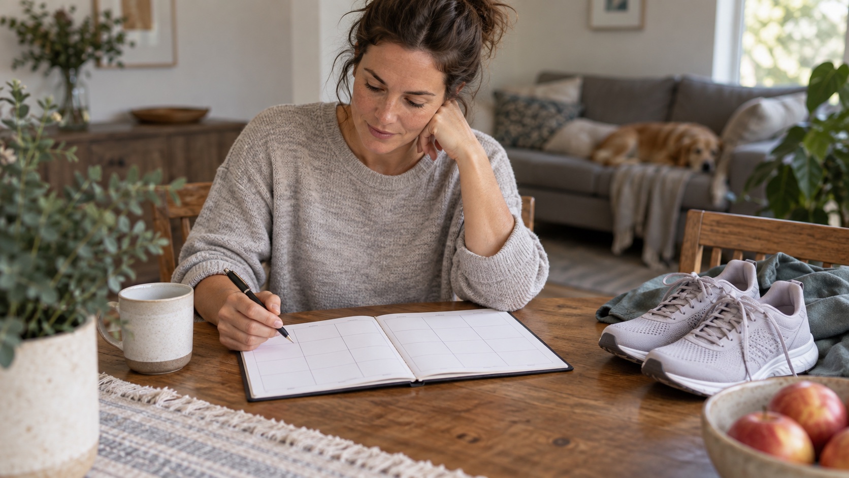 An adult reviews a weekly planner beside workout shoes at home.