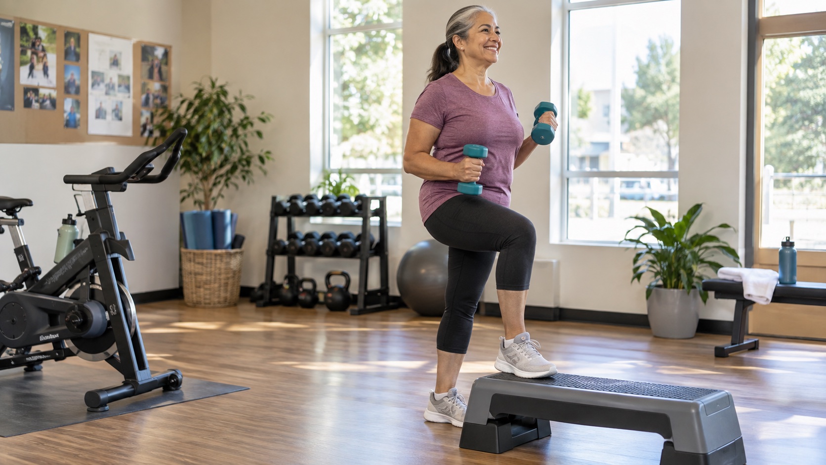 An adult moves between simple cardio, strength, and balance stations in a community exercise room.