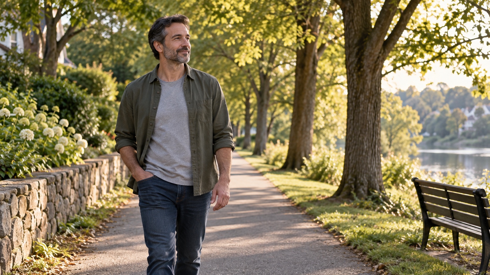 An adult takes an easy walk on a quiet path.
