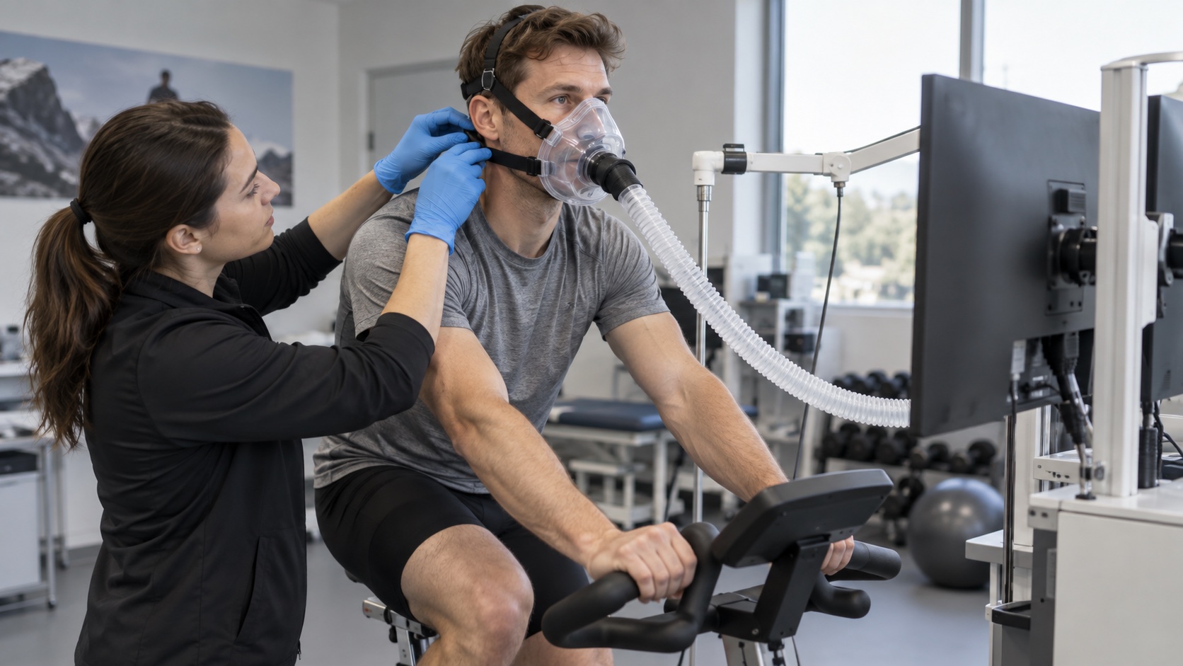 An adult cycles with a breathing mask during a supervised exercise assessment.