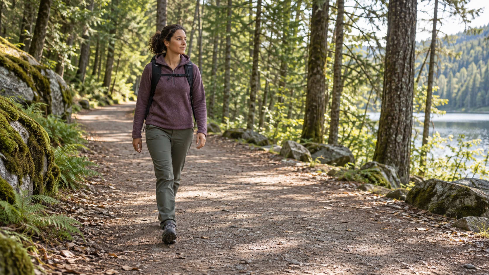 An adult walks a wooded trail with a modest backpack.