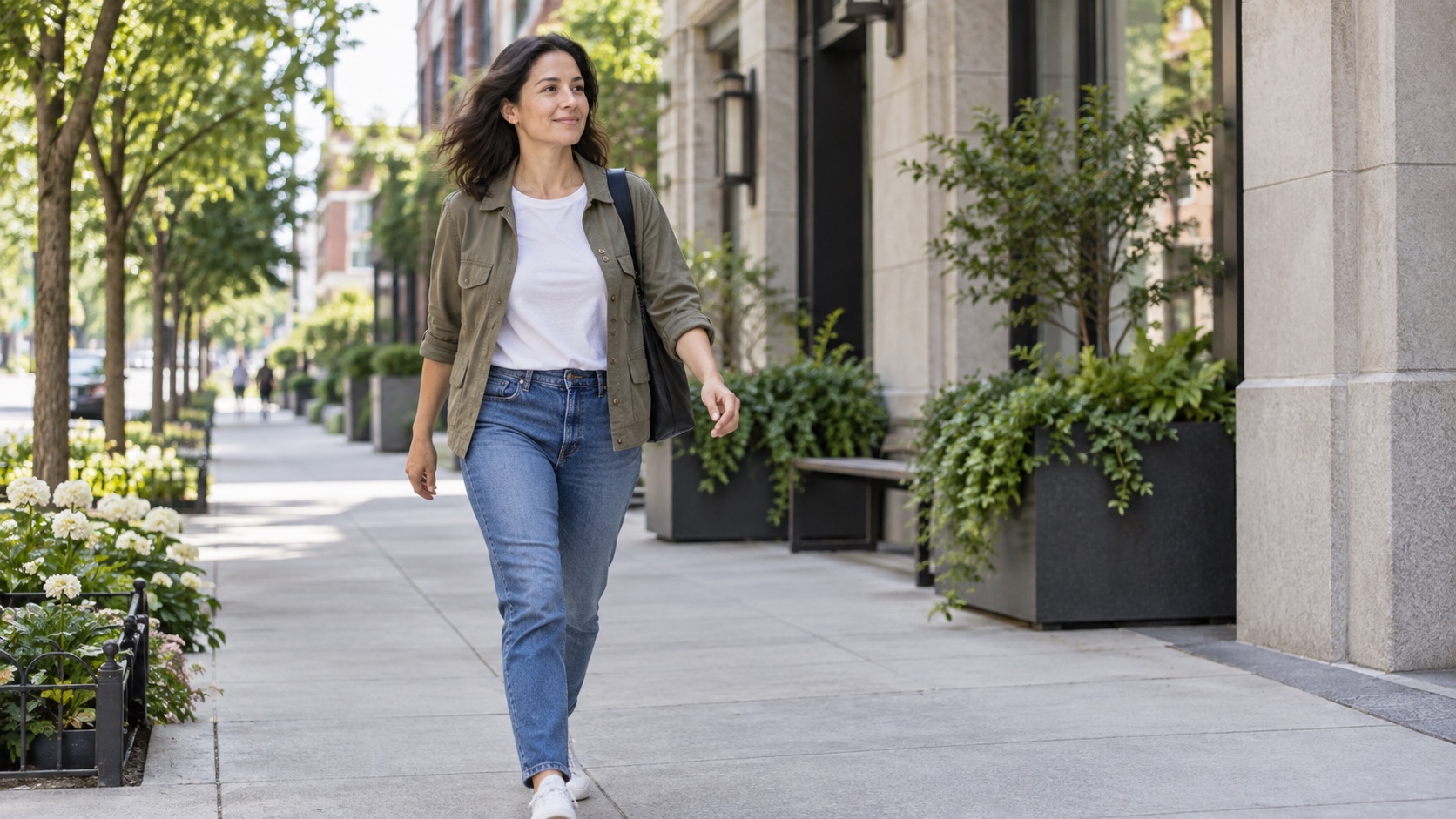 An adult walks briskly along a quiet city sidewalk.