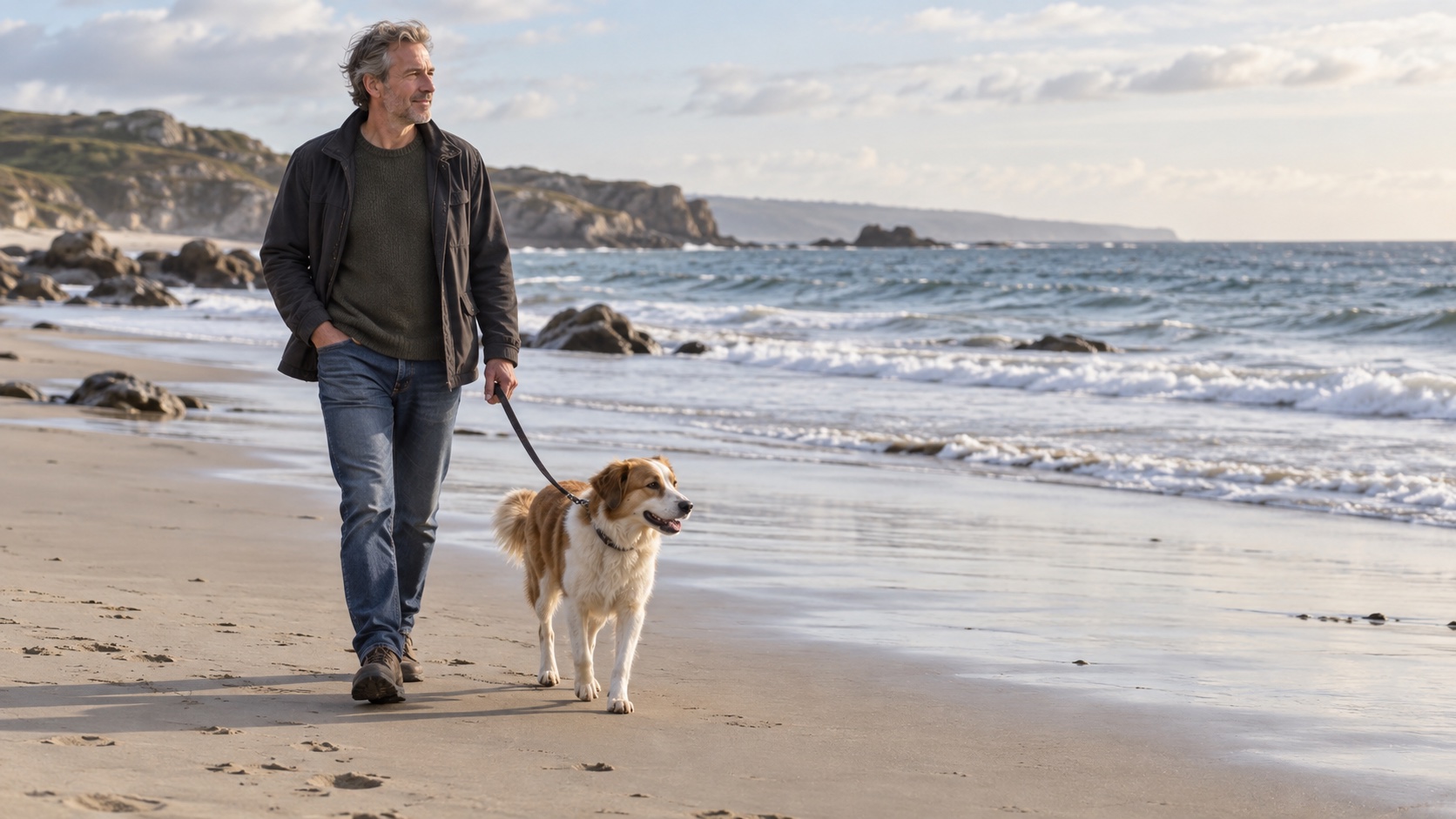 A middle-aged man walks a dog along a quiet shoreline.