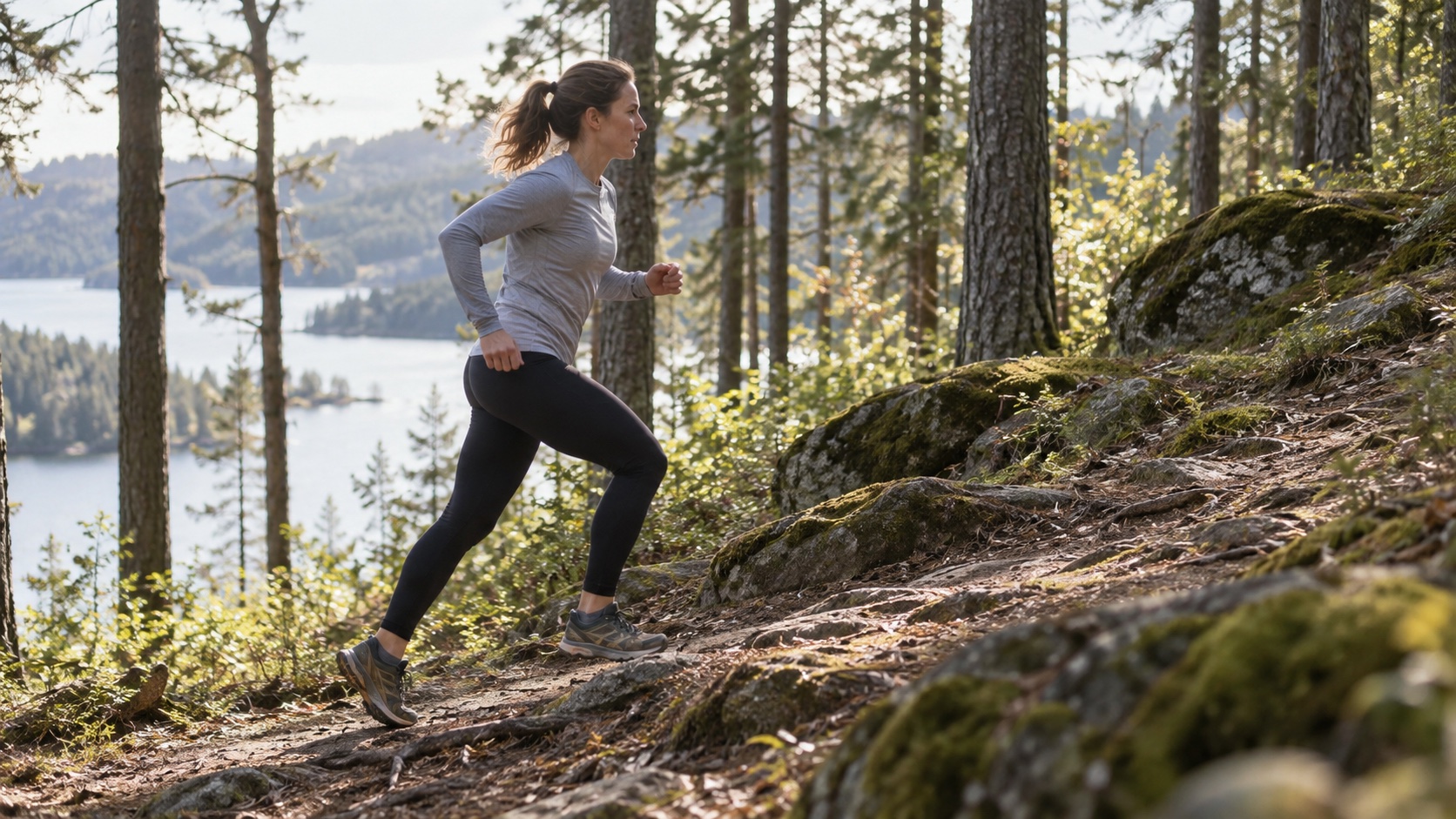 An adult runs steadily up a gentle wooded trail.