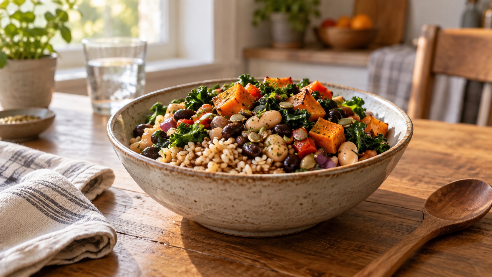 A simple meal with beans, vegetables, and whole grains on a home table.
