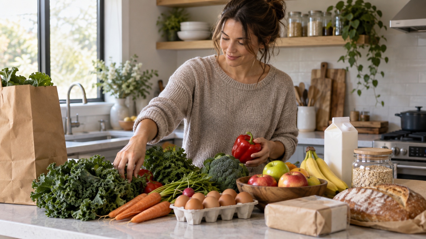 An adult sorts groceries on a kitchen counter.