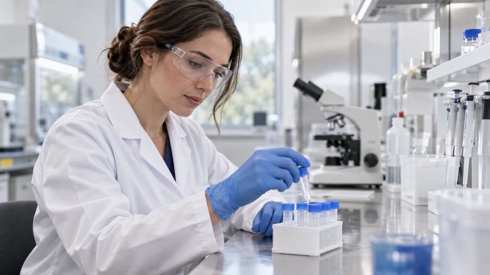 A researcher handles an unlabeled sample rack in a laboratory.