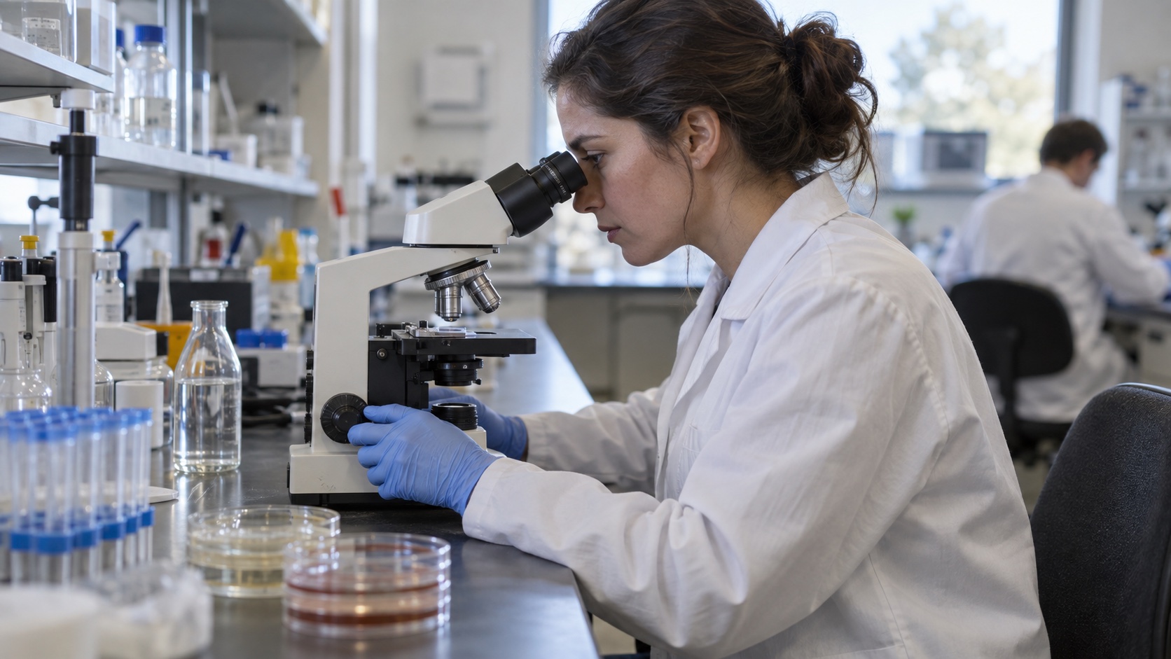 A microbiologist examines samples at a microscope.