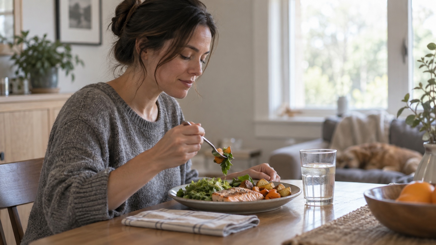 An adult eats a simple meal at a home table.