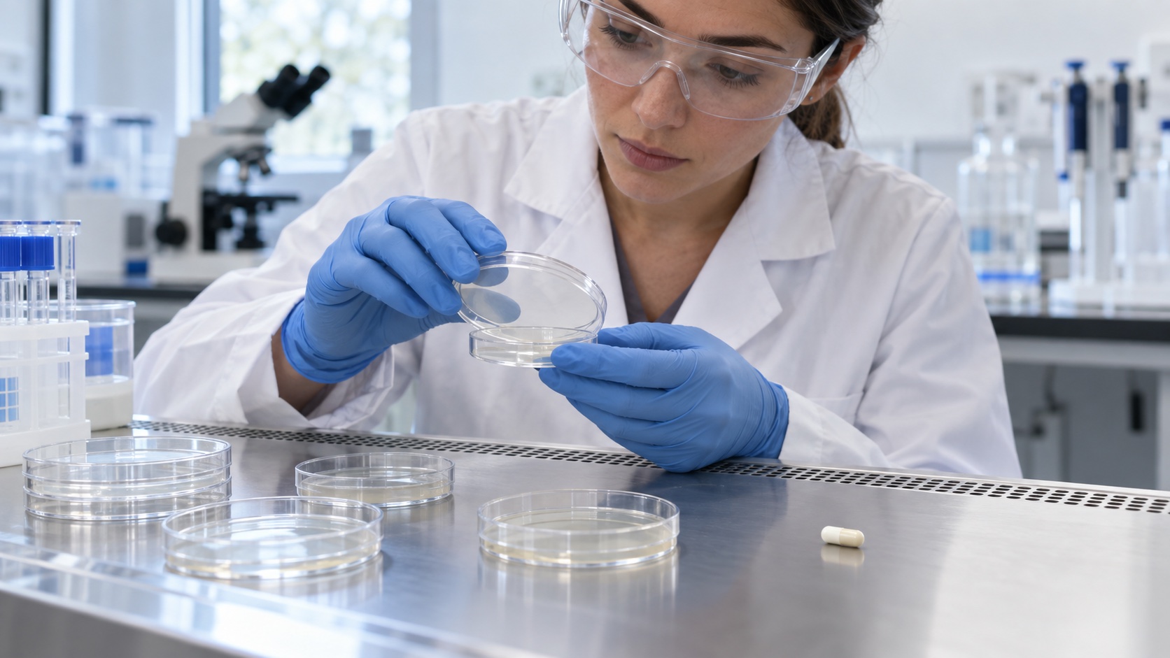 A laboratory technician examines unlabeled culture plates and a plain capsule.