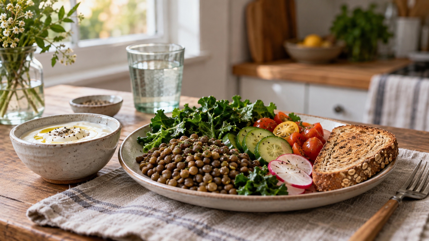 A home table holds a simple fermented food and fiber-rich meal.