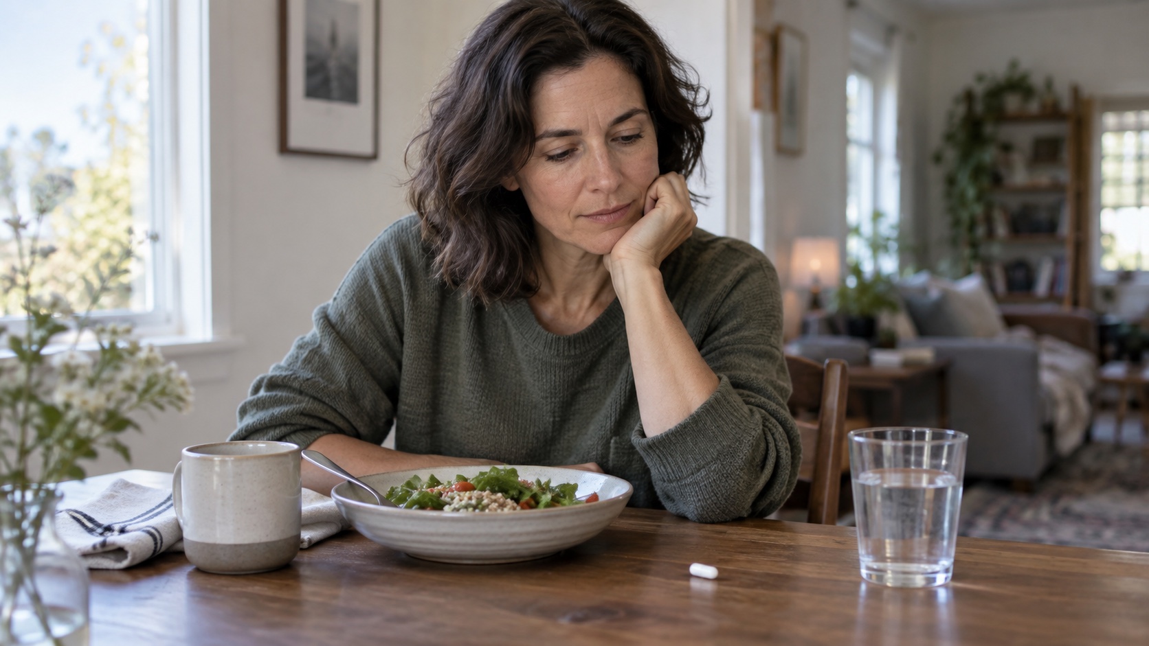 An adult considers a plain capsule beside a simple meal at home.