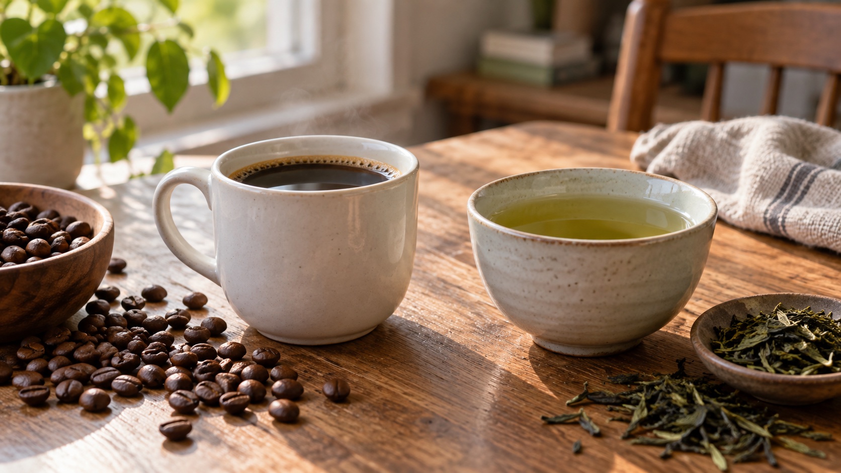 Plain cups of coffee and green tea beside loose leaves and coffee beans.
