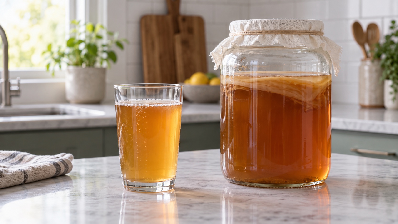 A glass of kombucha beside a simple fermentation jar.