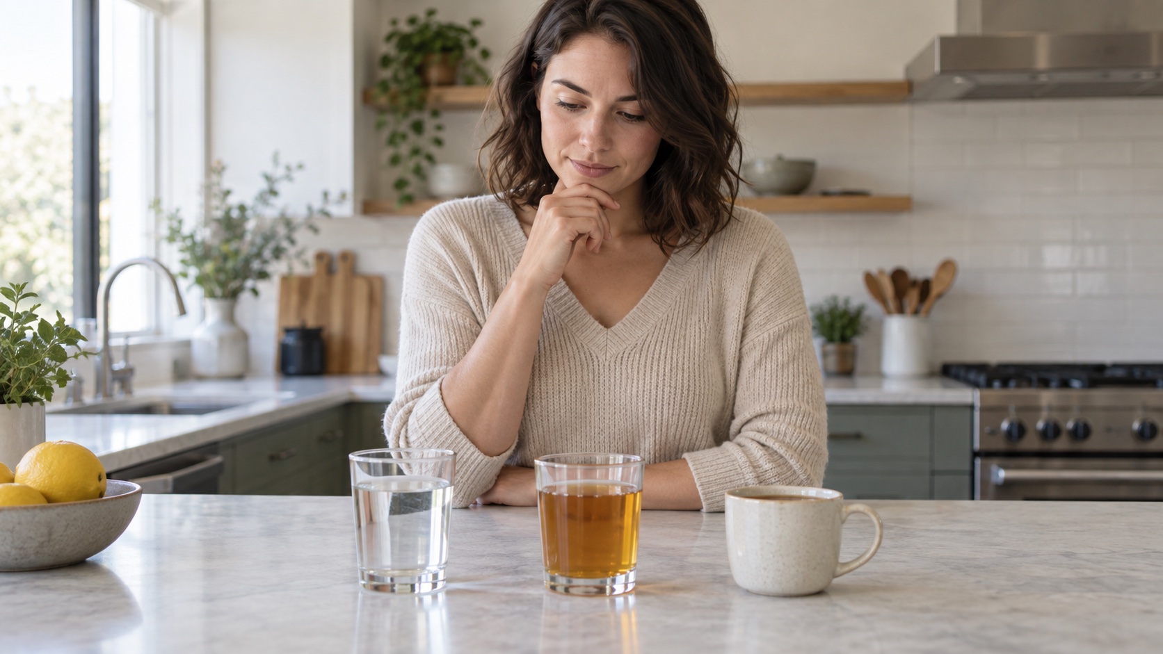 A person compares several plain drinks on a kitchen counter.